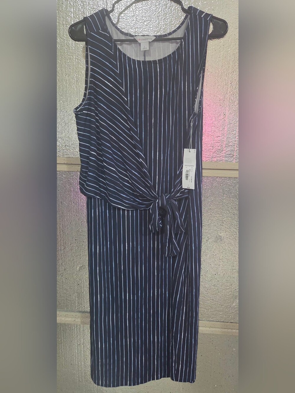 Liz Claiborne Navy and White Striped Midi Dress with Front Tie